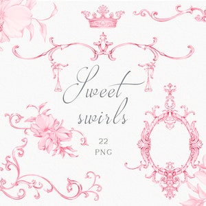 Hand-drawn Pink ornate clipart, Baroque swirls, Pink swirls, Vintage crest and frame, Valentine&#39;s Day clipart, Instant download