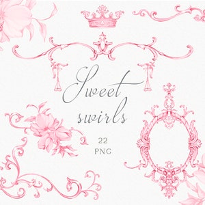 Pink ornate clipart, Baroque swirls, Pink swirls, Vintage crest and frame, Valentine's Day clipart, Instant download