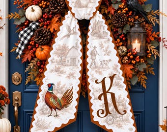 Personalized Pheasant Wreath Sash, Custom Monogram Fall Wreath Bow, Hunting Front Door Decor, Autumn Porch Decor, Rustic Farmhouse Wreath