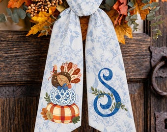Personalized Turkey Pumpkin Wreath Sash, Monogram Front Door Decor, Fall Door Bow, Thanksgiving Sash, Autumn Porch Decor, Farmhouse Decor