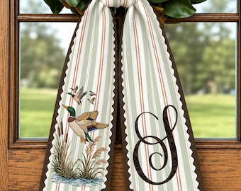 Personalized Duck Hunting Wreath Sash, Faux Embroidery Fall Door Bow, Monogram Front Door Decor, Duck Hunter Gift, Hunting Door Decor