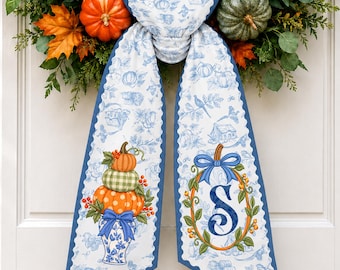 Personalized Chinoiserie Pumpkin Wreath Sash, Custom Monogram Door Decor, Thanksgiving Wreath Sash, Fall Door Bow,  Autumn Porch Decor
