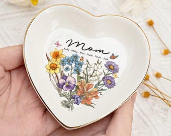 Personalized Birth Flower Trinket Dish, Custom Mom Jewelry Dish, Custom Ring Dish with Kids Names, Mother’s Day Gift for Mom, Grandma Gift