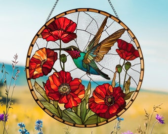 Hummingbird Glass Suncatcher, Poppy Flower Glass Art, Hummingbird Window Hangings, Hummingbird Lover Gift, Bird Wall Hanging, Home Decor