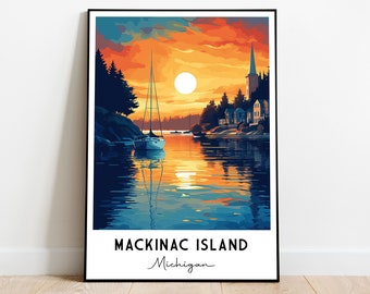 Mackinac Island Michigan Poster, Sunset Poster, US Cityscape Wall Art, MI Poster, Michigan Travel Poster, Landscape Poster