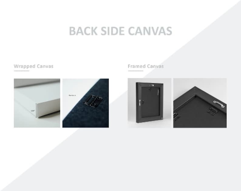 May include: Back view of a wrapped canvas and a framed canvas. The wrapped canvas has a white frame and the framed canvas has a black frame. Both canvases have hanging hardware on the back.