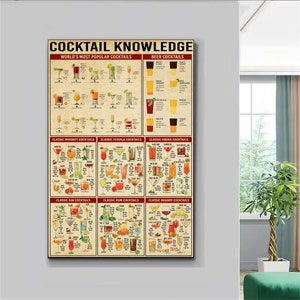 Póster de conocimientos sobre cócteles, póster de cócteles, arte de cócteles, regalos de cócteles, regalo para amantes de los cócteles, guía de cócteles, menú de cócteles, arte de cocina