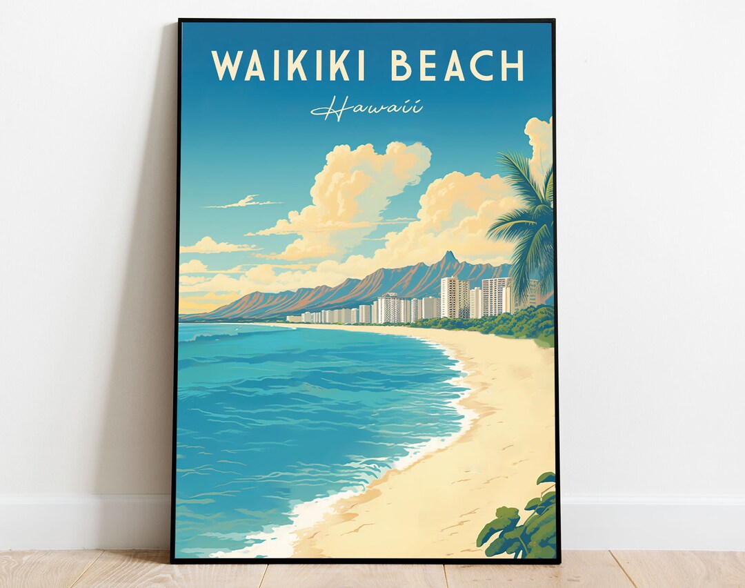 Waikiki Beach Hawaii Travel Poster, Hawaii Beach Wall Art, Hawaiian