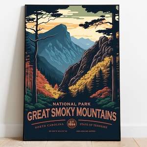 Póster del Parque Nacional de las Grandes Montañas Humeantes, póster de Carolina, arte mural de Tennessee, póster de Parques Nacionales de EE. UU., póster de viajes, arte mural de aventuras