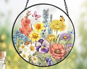 Custom Family Birth Flowers Glass Suncatcher, Custom Mom&#39;s Garden Gift, Flower Glass Art, Birth Flower Gift, Mother&#39;s Day Gift, Home Decor