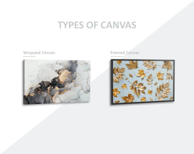 May include: Two different types of canvas prints are shown. The first is a wrapped canvas print with a black, gold, and white abstract design. The second is a framed canvas print with a blue background and gold leaves.