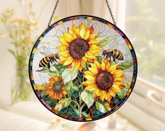 Sunflowers Glass Suncatcher, Flower Glass Art, Sunflower Gift, Gift For Grandma, Gift For Mom, Floral Mom Gift, Window Hangings