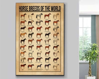 May include: A chart titled "Horse Breeds of the World" with illustrations of 40 different horse breeds. Each breed is labeled with its name and country of origin.