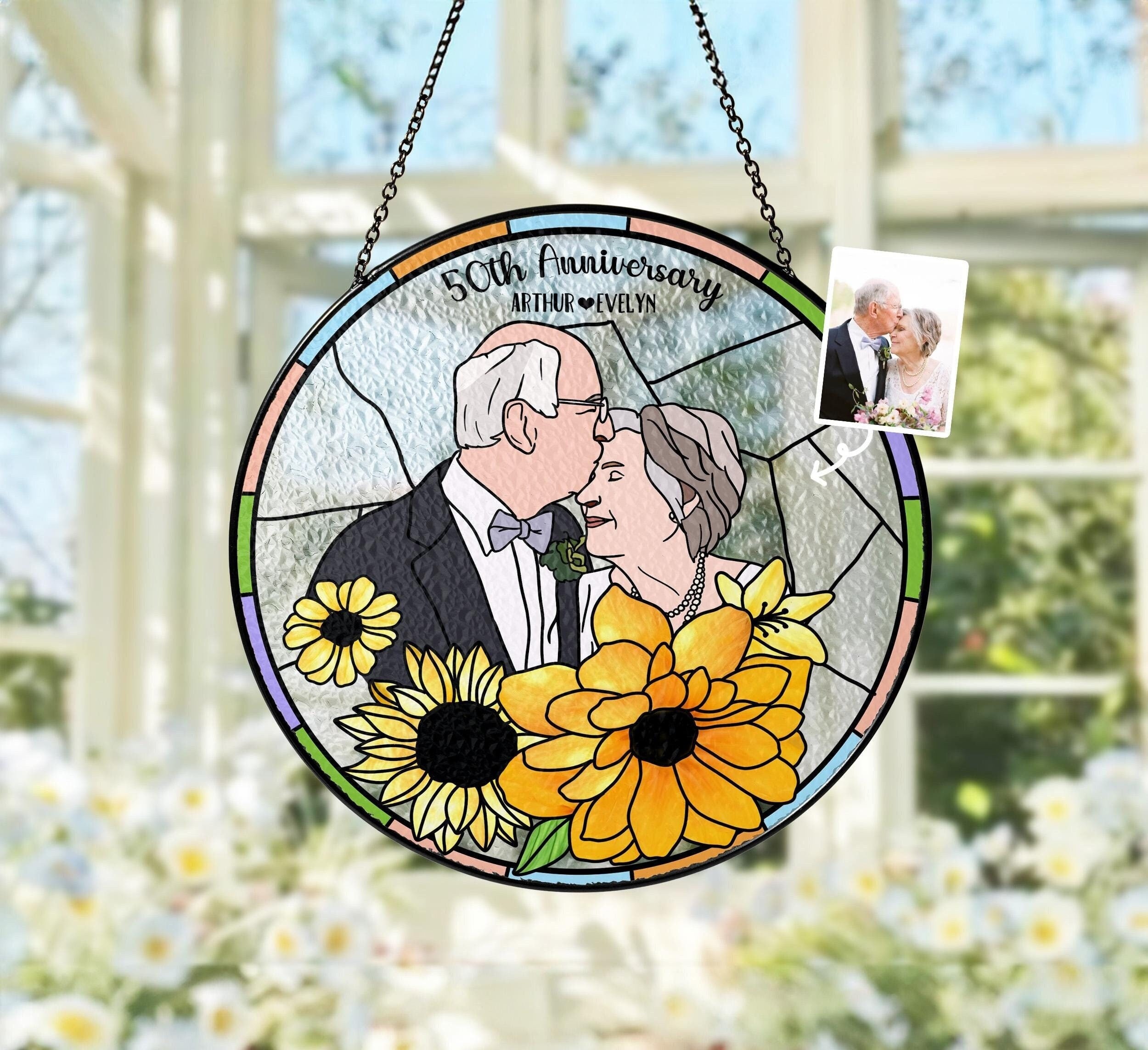Custom Wedding Anniversary Glass Suncatcher, Couple Portrait Suncatcher, Gift For Parents, Anniversary Gift, Gift For Dad, Fathers Day Gift