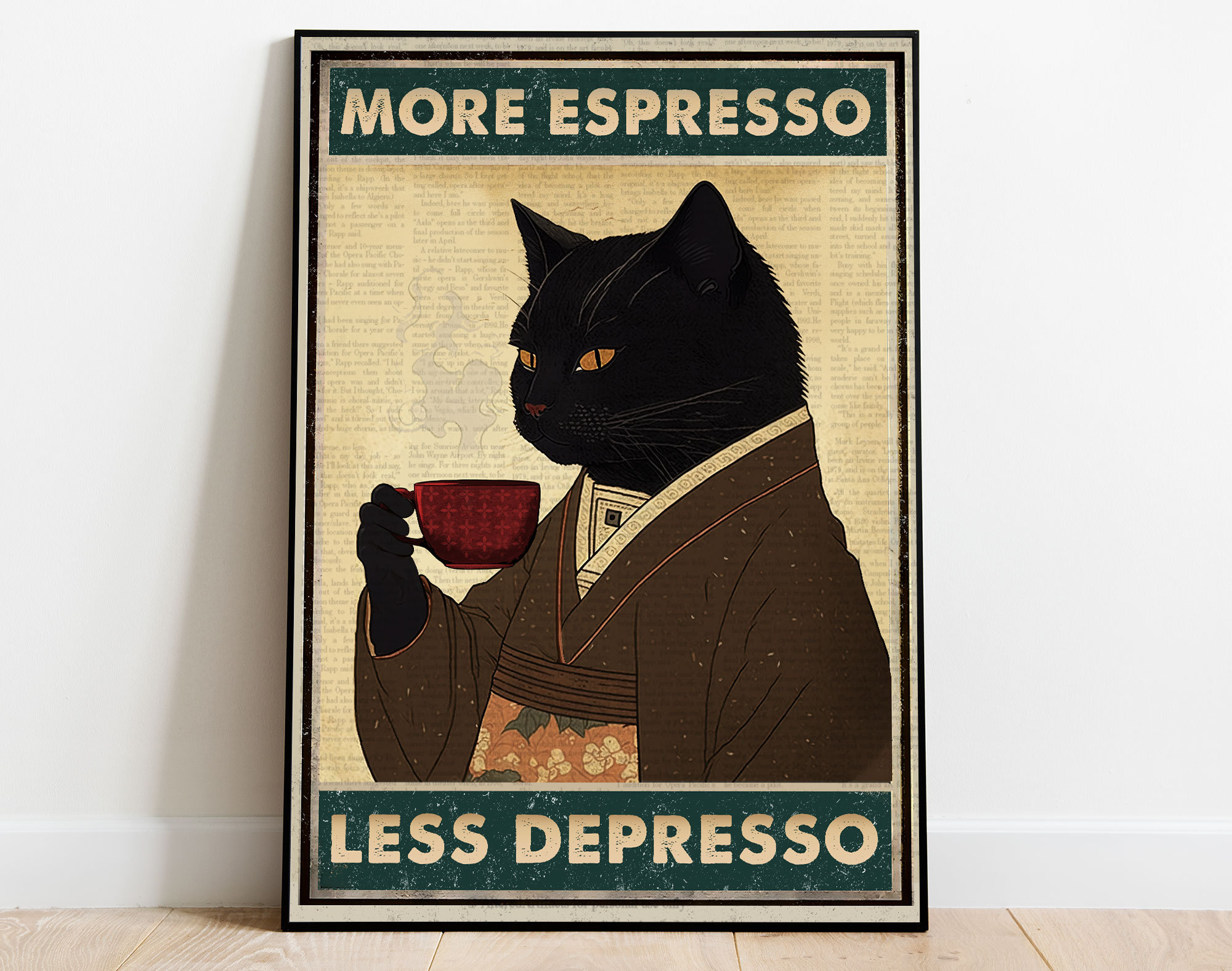 Vintage schwarze Katze Kaffee Poster, mehr Espresso weniger Depresso Poster,  trinkende Katze Poster, Kaffee-Liebhaber-Geschenk, schwarze Katze Kunst,  Katze Home Decor