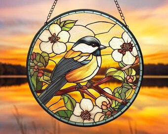 Chickadee Glass Suncatcher, Bird Suncatcher, Bird Glass Art, Mom Birthday Gift, Chickadee Gift, Bird Lover Gift, Bird Window Hanging