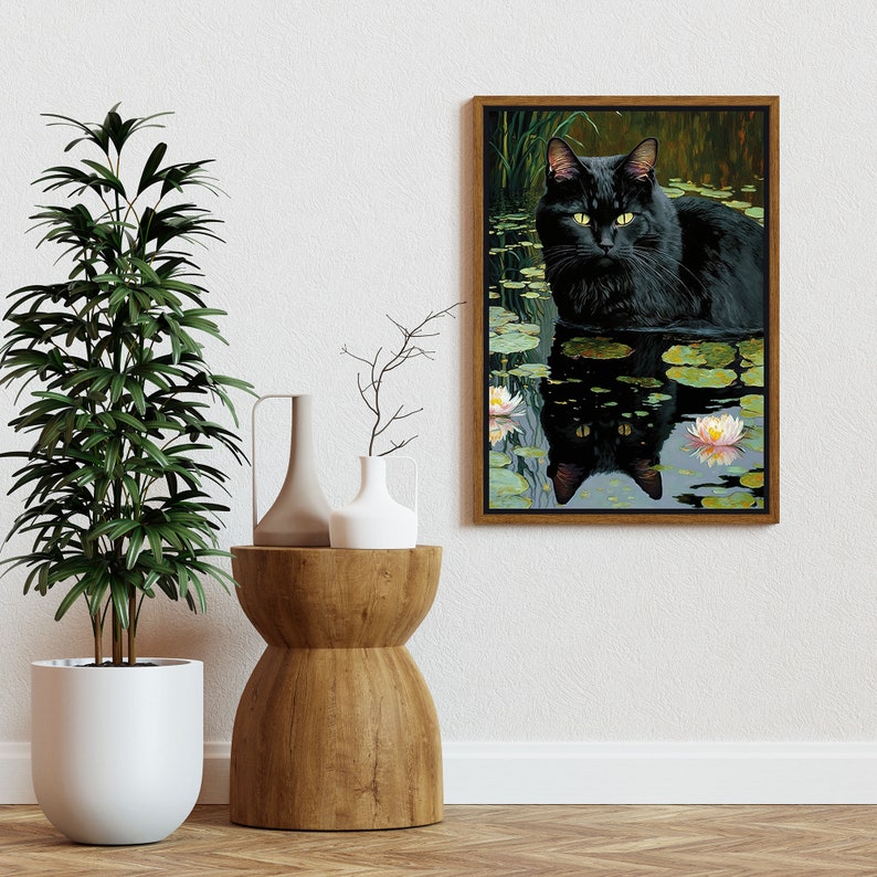 Black Cat Poster Waterlily Black Cat Art Black Cat Wall - Etsy