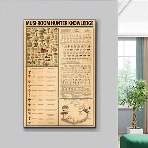 Op de afbeelding: Een vintage poster met de titel "Mushroom Hunter Knowledge" met illustraties van verschillende soorten paddenstoelen, hun gebruikelijke namen, wetenschappelijke namen en beschrijvingen. De poster bevat ook een diagram van de levenscyclus van paddenstoelen.