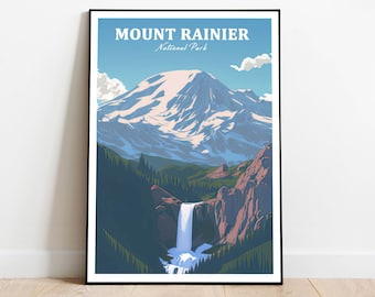 May include: A vintage-style travel poster featuring a scenic view of Mount Rainier National Park. The poster depicts a snow-capped mountain peak with a waterfall cascading down a rocky cliffside. The text "MOUNT RAINIER National Park" is displayed at the top of the poster.