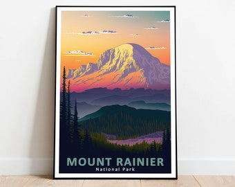 May include: A colorful illustration of Mount Rainier National Park in Washington state. The mountain is depicted in shades of purple, yellow, and orange, with a sunset sky behind it. The text "MOUNT RAINIER National Park" is at the bottom of the image.