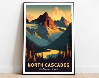 May include: A framed art print featuring a stylized landscape of the North Cascades National Park. The artwork showcases towering mountains with golden sunlight, a turquoise river, and dark green forests. The text "NORTH CASCADES National Park" is at the bottom.