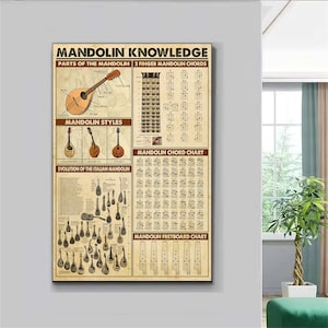 Mandolin Knowledge Poster, Gift for Mandolin Player, Country Music Art, Mandolin Chord Chart Poster, Vintage Knowledge Poster, Musician Gift