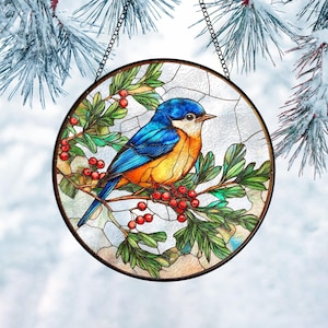 Bluebird Christmas Glass Suncatcher, Bluebird Window Hangings, Bluebird Lover Gift, Grandma Christmas Gift, Gift for Mom, Christmas Decor