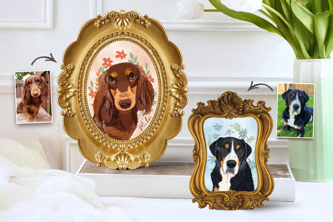 Custom Dog Portrait Vintage Frame, Custom Pet Portrait From Photo Frame ...