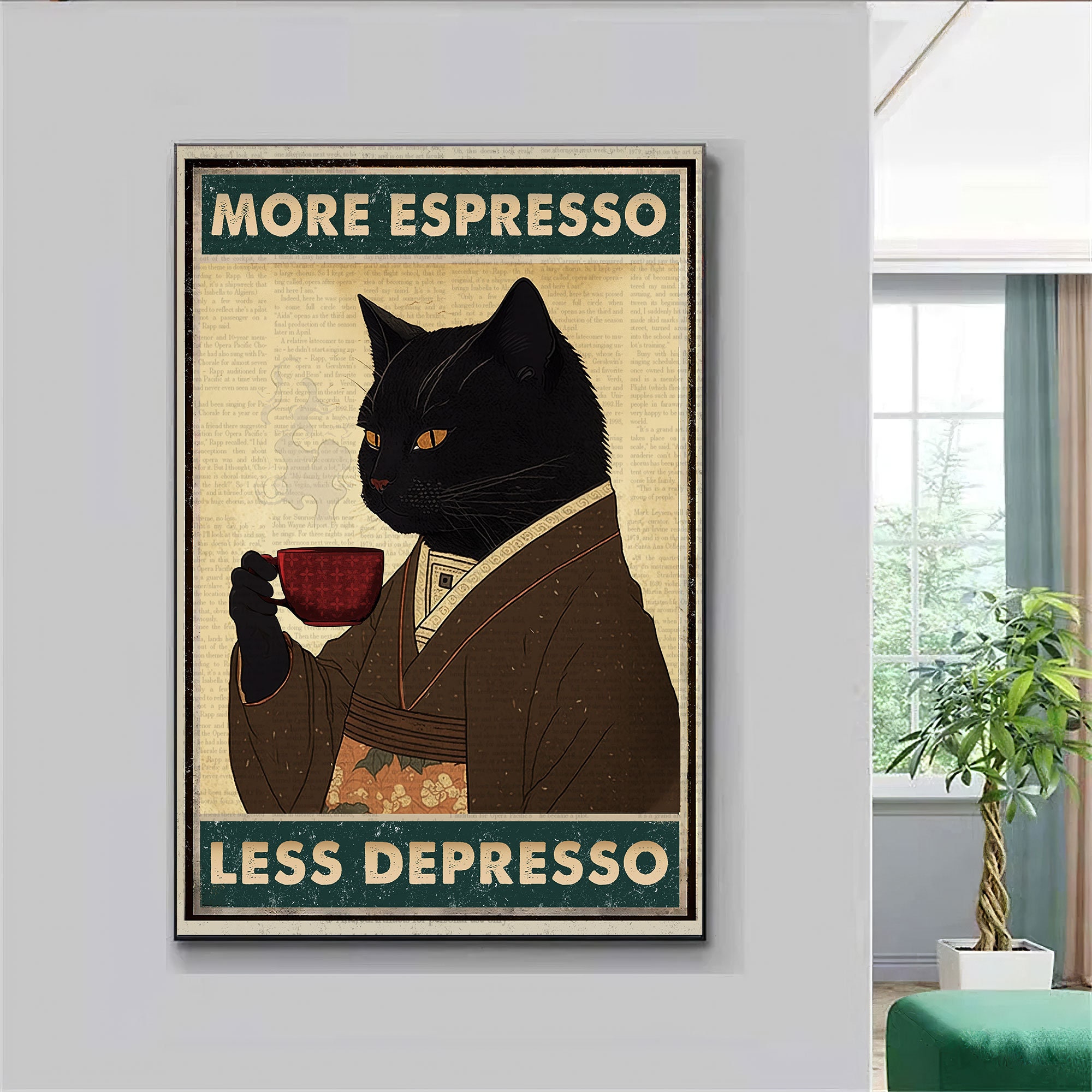 Vintage Black Cat Coffee Poster, More Espresso Less Depresso