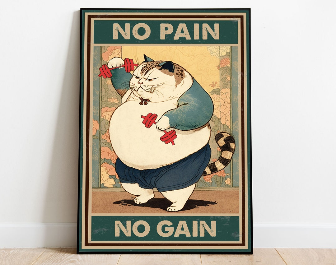 Funny Cat Workout Poster, Gym Cat Poster, Funny Fat Cat Art, Chubby Cat
