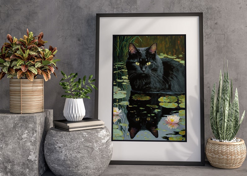 Black Cat Poster Waterlily Black Cat Art Black Cat Wall - Etsy