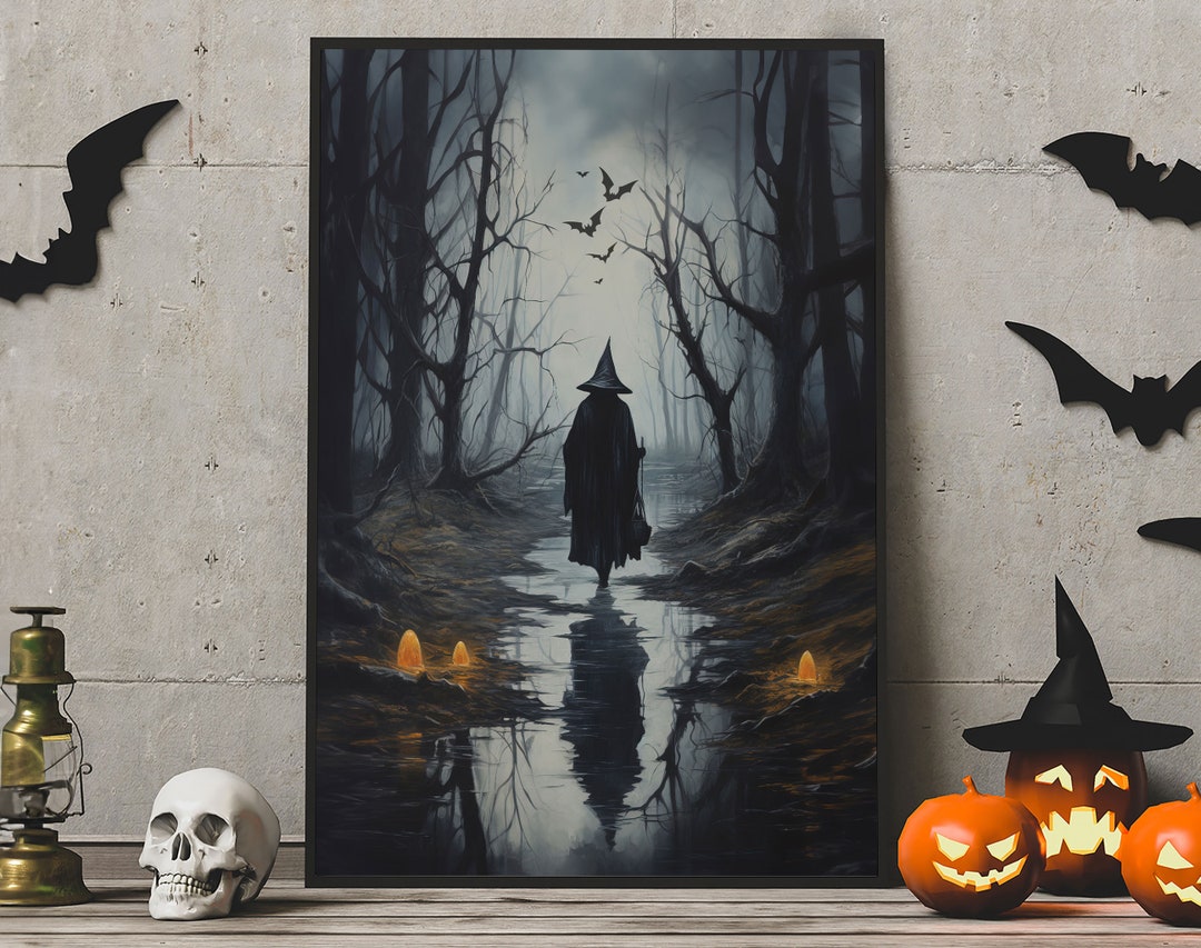 Witch Walking on A Creek Poster, Halloween Witch Poster, Dark Academia ...