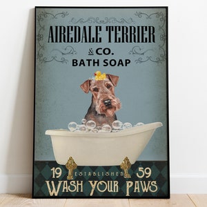 Funny Airedale Terrier Wash Your Paws Poster, Dog Bathroom Art, Airedale Dog Mom Gift, Dog Poster Vintage, Dog Lover Gift, Nursery Wall Art