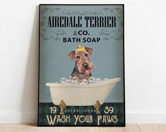 Funny Airedale Terrier Wash Your Paws Poster, Dog Bathroom Art, Airedale Dog Mom Gift, Dog Poster Vintage, Dog Lover Gift, Nursery Wall Art