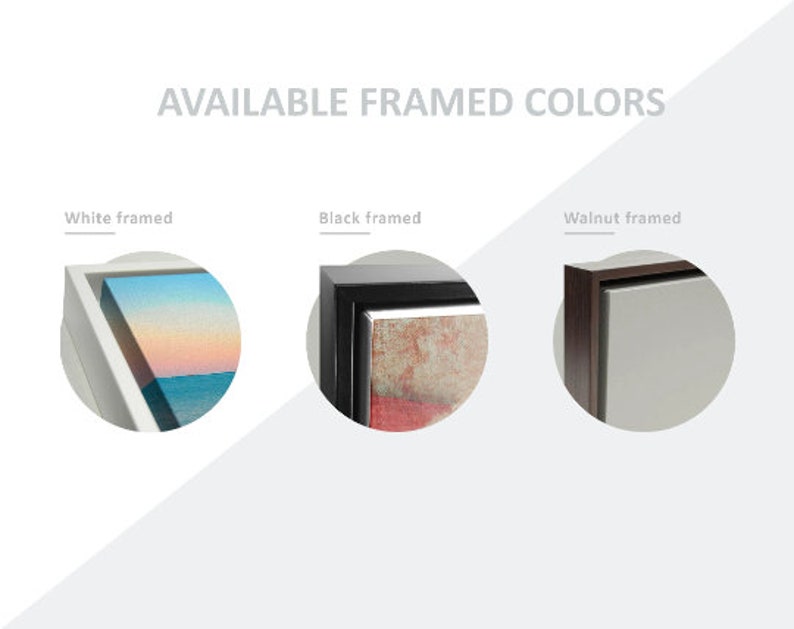 May include: Close-up of three framed canvases showing different frame colors: white, black, and walnut. The frames are all simple and modern.