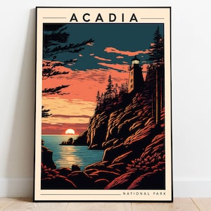 Acadia National Park Poster, US National Parks Poster, Maine Art, Bass Harbor Head Lighthouse Poster, Travel Poster, Nature Lover Art