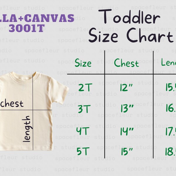 Toddler Size Chart for Bella + Canvas 3001t, Digital Download, Toddler Size Chart, Bella + Canvas 3001T, Digital Download