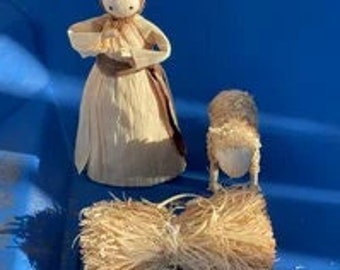 Czech Traditional Handicrafts Corn Husk Doll with Sheep and Bale of Hay