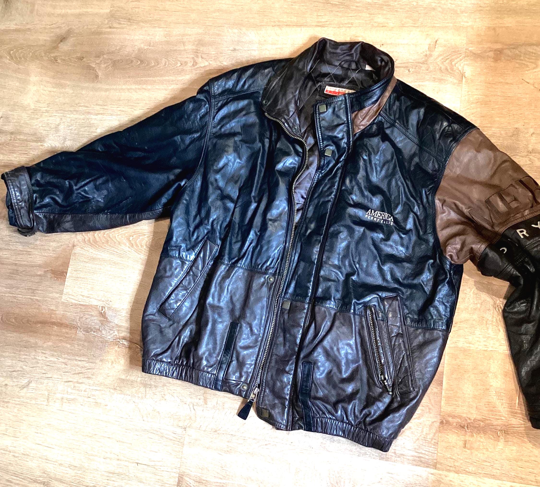 PERRY ELLIS キルティングレザージャケットL VINTAGEブラック 90's PERRY ELLIS レザージャケット