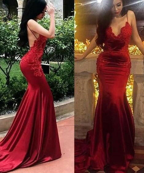 hhdy518 Elegant Red Gold Applique Mermaid Red Fishtail Prom Dress with V-Neck and Long Sleeves for Special Occasions - Robe de Soiree287r