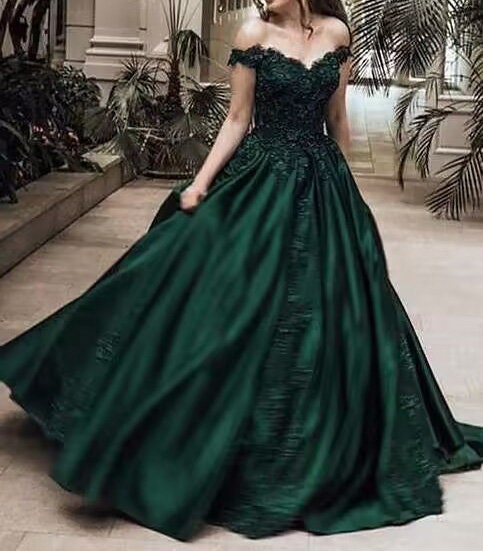 Dark Green off the Shoulder Satin Ball Gown,lace Applique Wedding Gown ...