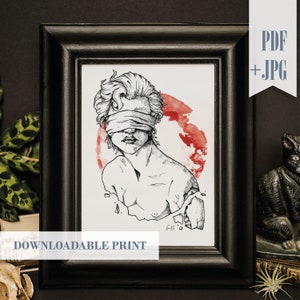 Puede incluir: Un dibujo en blanco y negro de una persona con los ojos vendados, sobre un fondo de acuarela roja. La persona está representada con una expresión seria y su cabello está peinado con un corte corto y entrecortado.