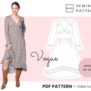 Midi V neck dress Sewing Pattern | Sizes EU 34-44 US 4-14 | PDF, Instant Download | Vogue