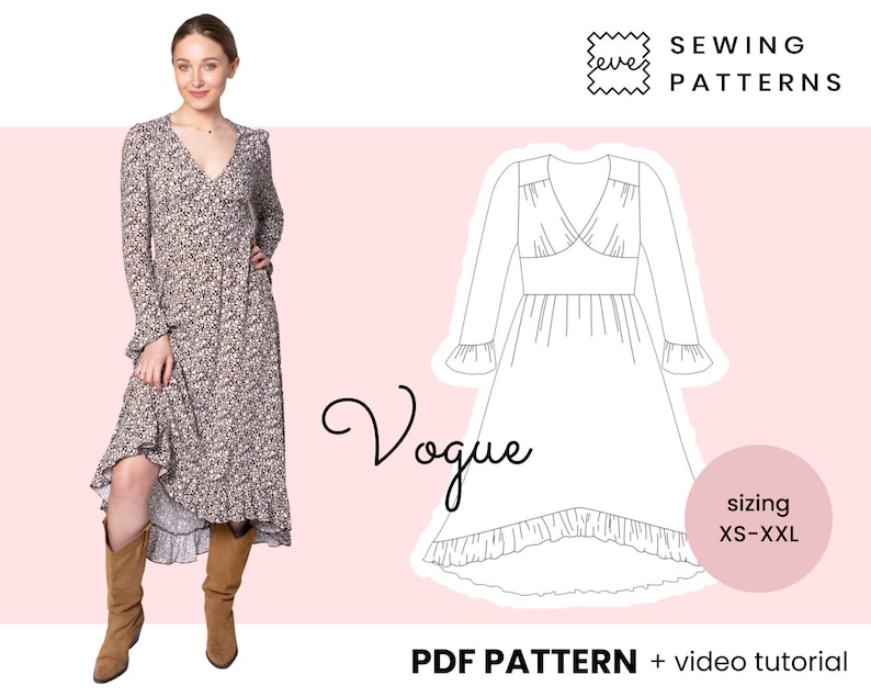 Midi V Neck Dress Sewing Pattern | Sizes EU 34-44 US 4-14 | PDF ...