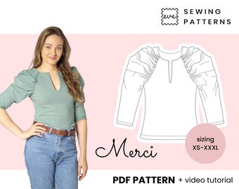 Raglan blouse puff sleeve Sewing Pattern | Sizes EU 34-46 US 4-16 | PDF, Instant Download | Merci