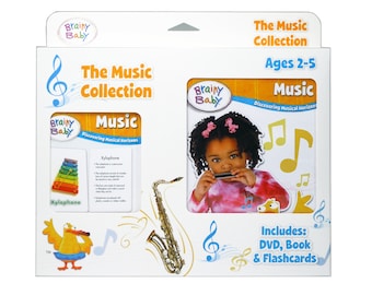 May include: A white box with a colorful image of a child playing a harmonica. The box contains a DVD, book, and flashcards for learning about music. The text on the box reads "The Music Collection" and "Ages 2-5".