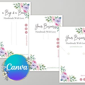 May include: White earring display cards with floral watercolor designs in pink, purple, and green. The cards feature text that reads "a Bug & a Bean" and "Your Business", along with social media icons and website addresses.
