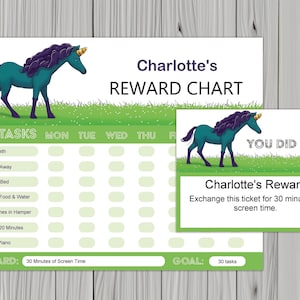 Può includere: Un grafico di ricompense stampabile verde e bianco con un unicorno turchese con i capelli viola. Il grafico ha una sezione per "I miei compiti" con un elenco di faccende e una griglia di calendario per ogni giorno della settimana. Il grafico include anche una sezione "Ricompensa" e una sezione "Obiettivo". Il grafico è progettato per consentire a un bambino di tenere traccia dei suoi progressi e guadagnare ricompense per il completamento dei suoi compiti.