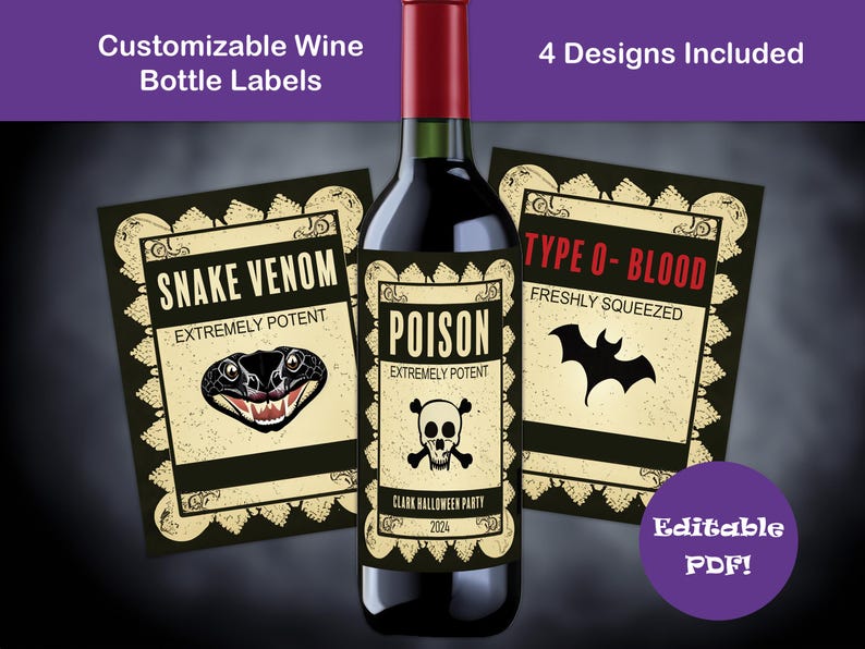 Image of customizable Halloween Wine Labels from a Bug & a Bean Etsy shop
