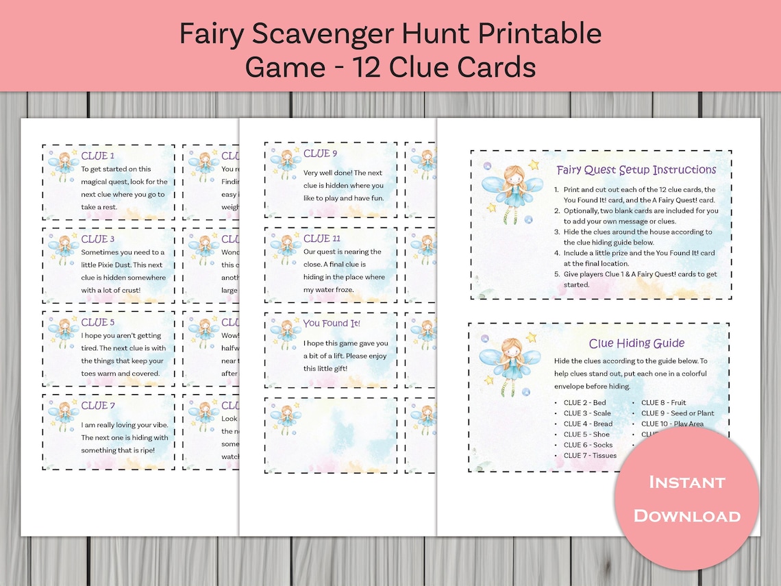 Fairy Scavenger Hunt Printable: Magical Clue Card Game (PDF Download ...